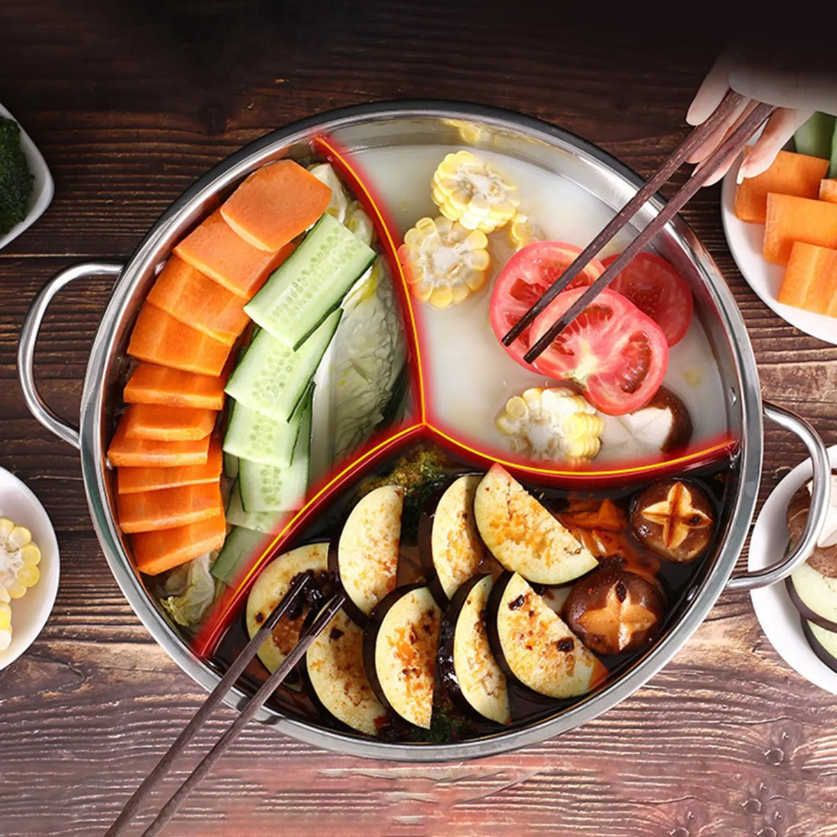 Divided Hotpot Pot Three Flavor Stainless Steel Cooking Stock Pot Soup Cookware for Home Commercial