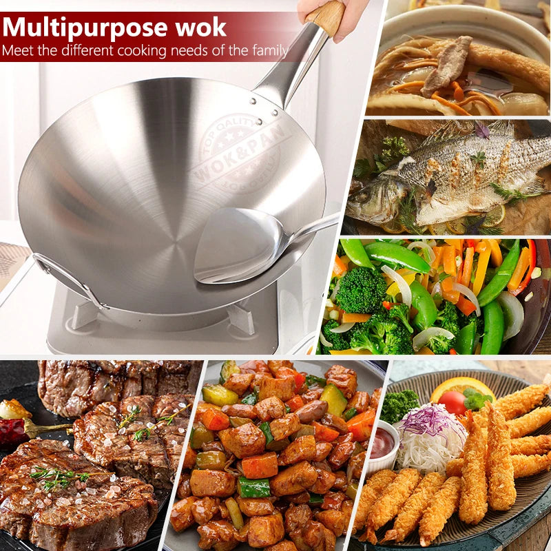 Durable Stainless Steel Wok,Brushed Polished,Beech Handle,Kitchen Cookware for Gas Stoves,Portable Chef Cooking Pot