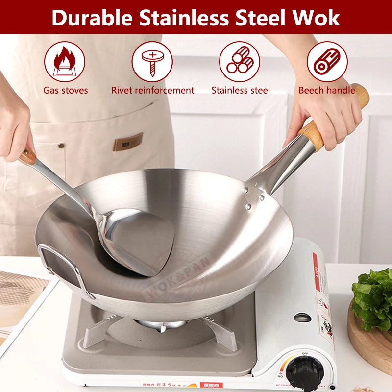 Durable Stainless Steel Wok,Brushed Polished,Beech Handle,Kitchen Cookware for Gas Stoves,Portable Chef Cooking Pot
