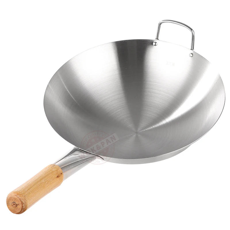 Durable Stainless Steel Wok,Brushed Polished,Beech Handle,Kitchen Cookware for Gas Stoves,Portable Chef Cooking Pot